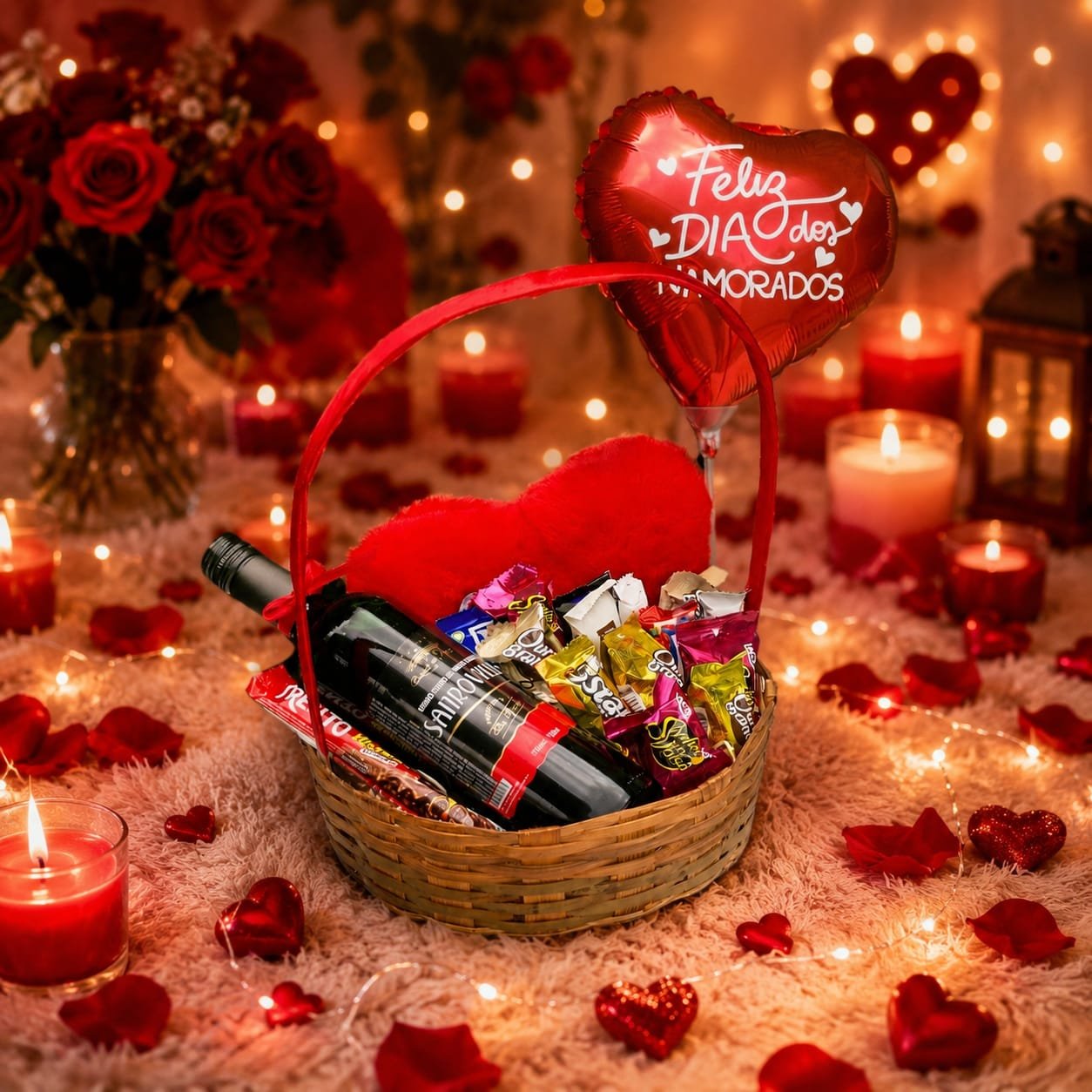 VINHO E CHOCOLATES Cesta Com Vinho Chocolates e Pelúcia - Imagem 1